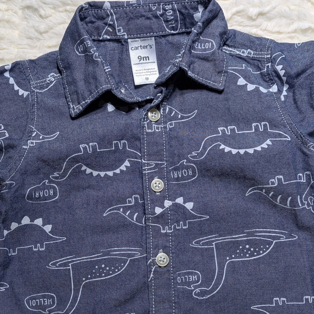 Carter's Baby Boy Dinosaur Button-Up‎ Shirt | Blue Chambray | 9M